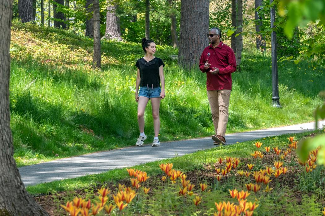 two people walking in a park